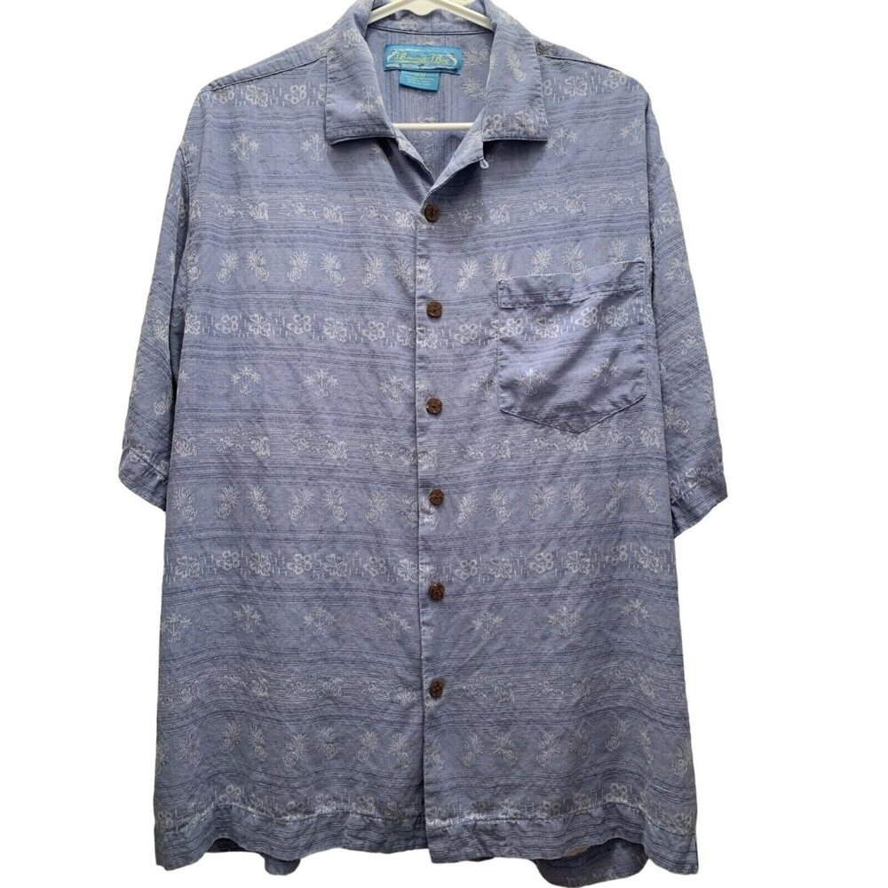 Bermuda Bay Mens Shirt Sz M Blue Silk Hawaiian Aloha Floral Beachy SS Button-Up